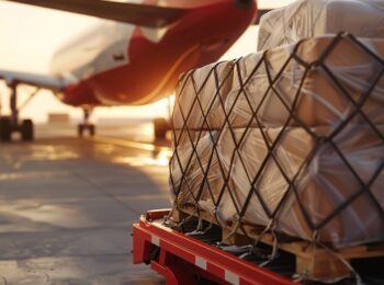 Palettierte Luftfracht vor Flugzeug – abgesichert durch Transportversicherung