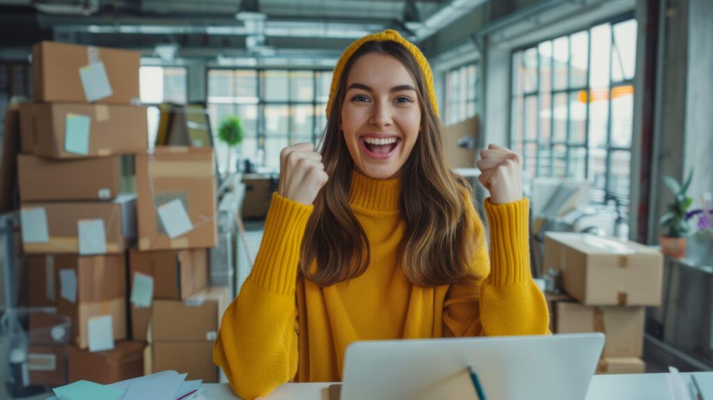 Glückliche Kundin freut sich über pünktliche Lieferung – erfolgreiche Logistiklösung mit Hierl & Müller