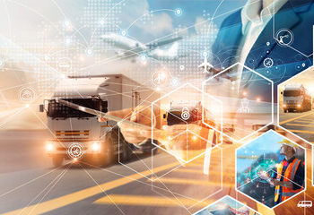 LKW, Flugzeug und Transporter symbolisieren vielseitige Logistiklösungen, während zwei Unternehmer sich die Hand schütteln