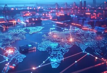 Digitale Weltkarte mit globalen Verbindungen – Symbol für die Revolution im Kurier- und Expressversand