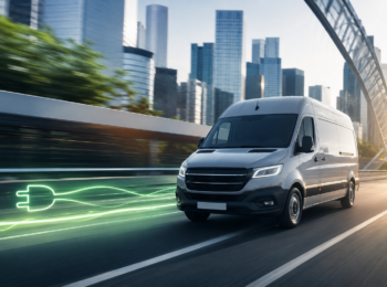 Elektrischer Transporter auf einer modernen Stadtautobahn bei einer Sonderfahrt mit grünen Energieeffekten als Symbol für nachhaltige Elektromobilität in der Expresslogistik.
