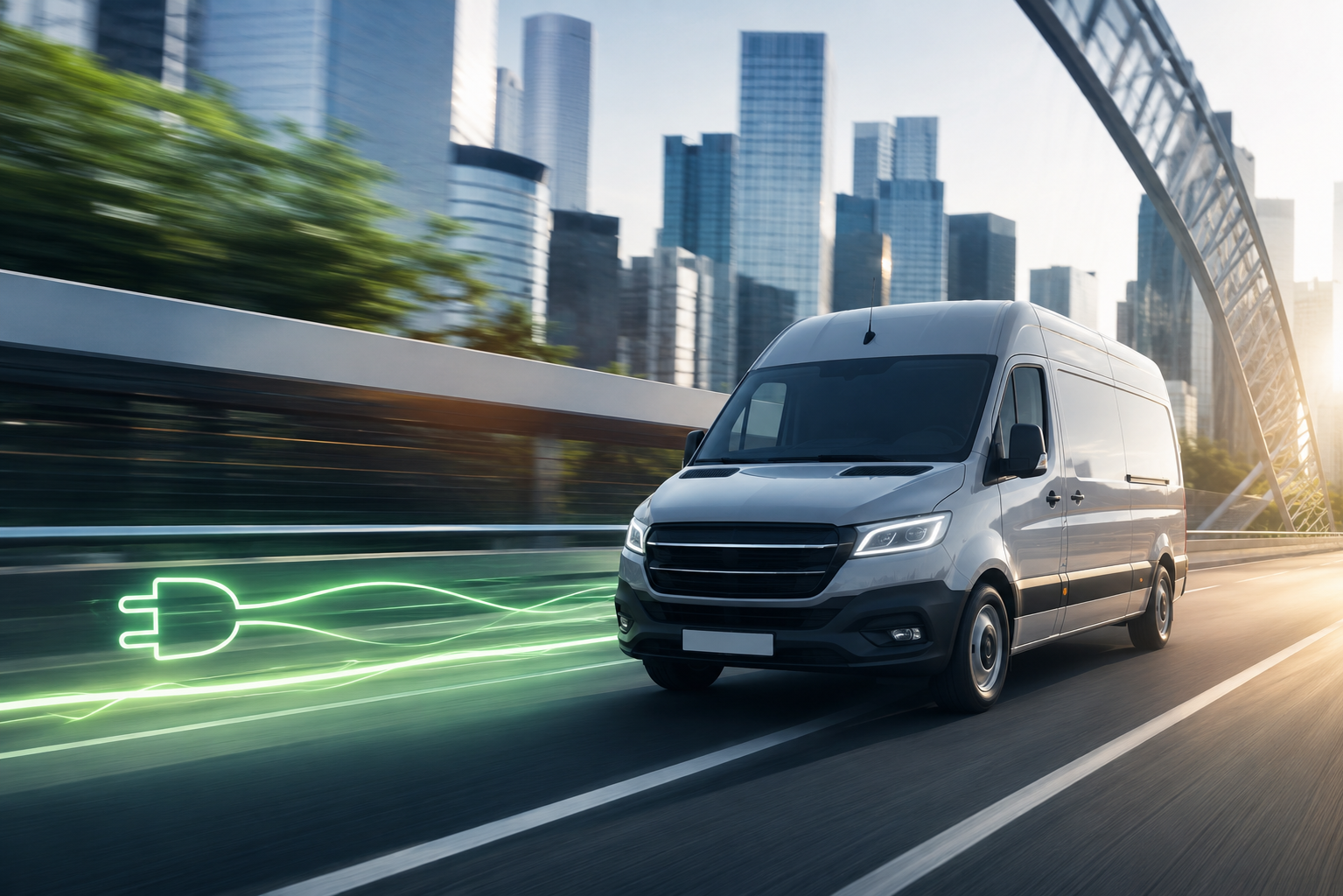 Elektrischer Transporter auf einer modernen Stadtautobahn bei einer Sonderfahrt mit grünen Energieeffekten als Symbol für nachhaltige Elektromobilität in der Expresslogistik.