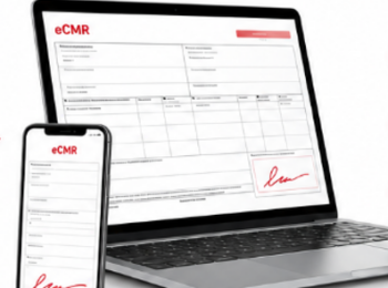 Laptop und Smartphone mit digitalem eCMR-Frachtbrief und elektronischer Unterschrift